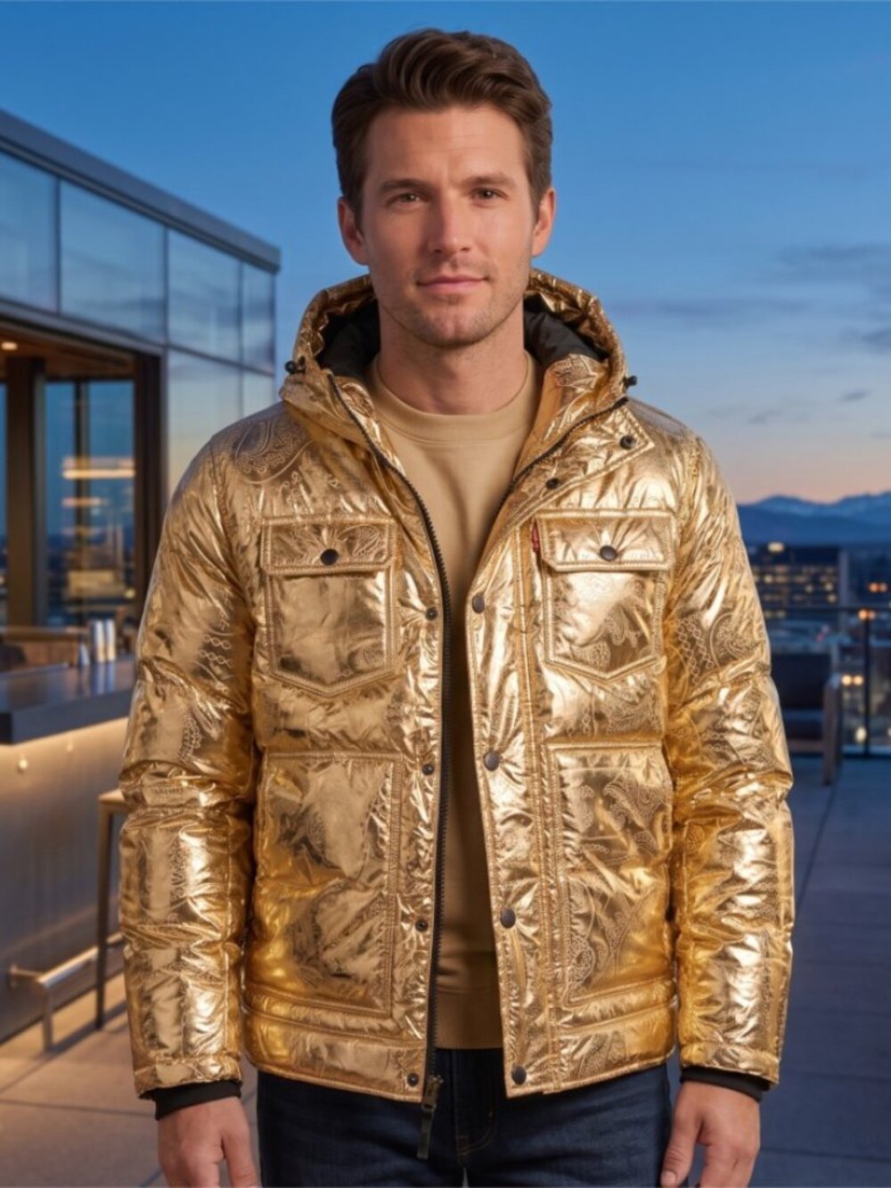 Levi's® Diamond Quilted Metallic Gold Bandana High Loft Insulated Jacket - XXL